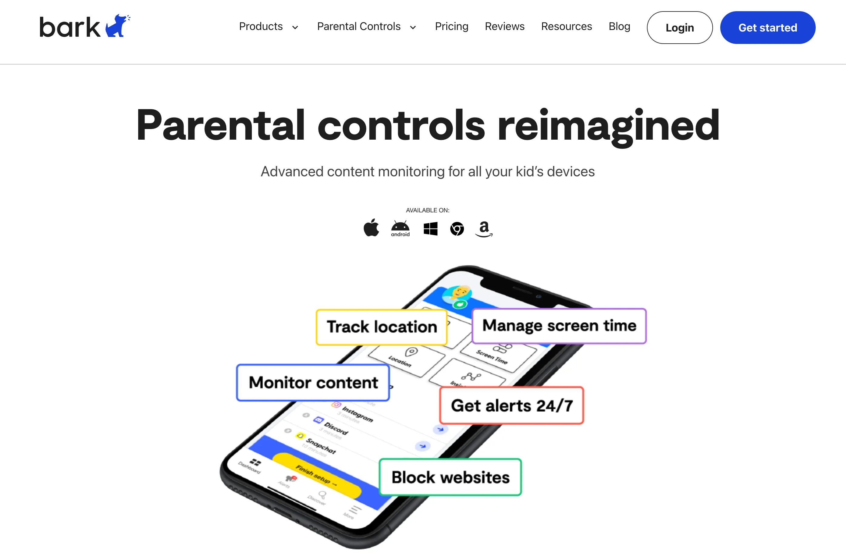 Bark’s homepage showing a smartphone with superimposed UX elements floating around it.